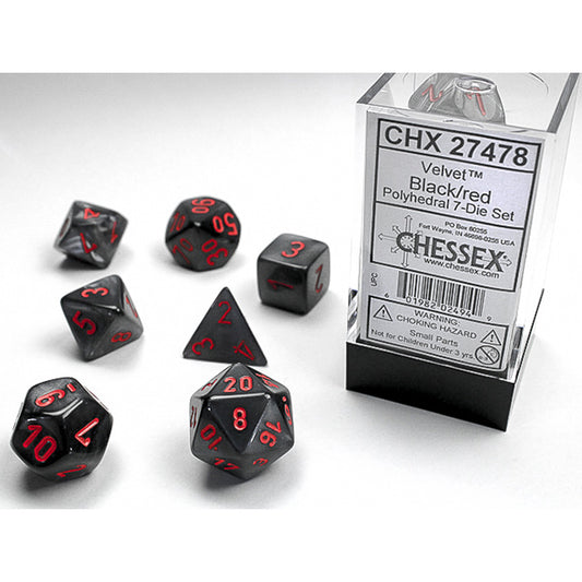Chessex - Velvet Polyhedral 7 Dice Set - Black w/Red